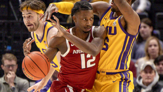 Razorbacks Tramon Mark driving inside against LSU